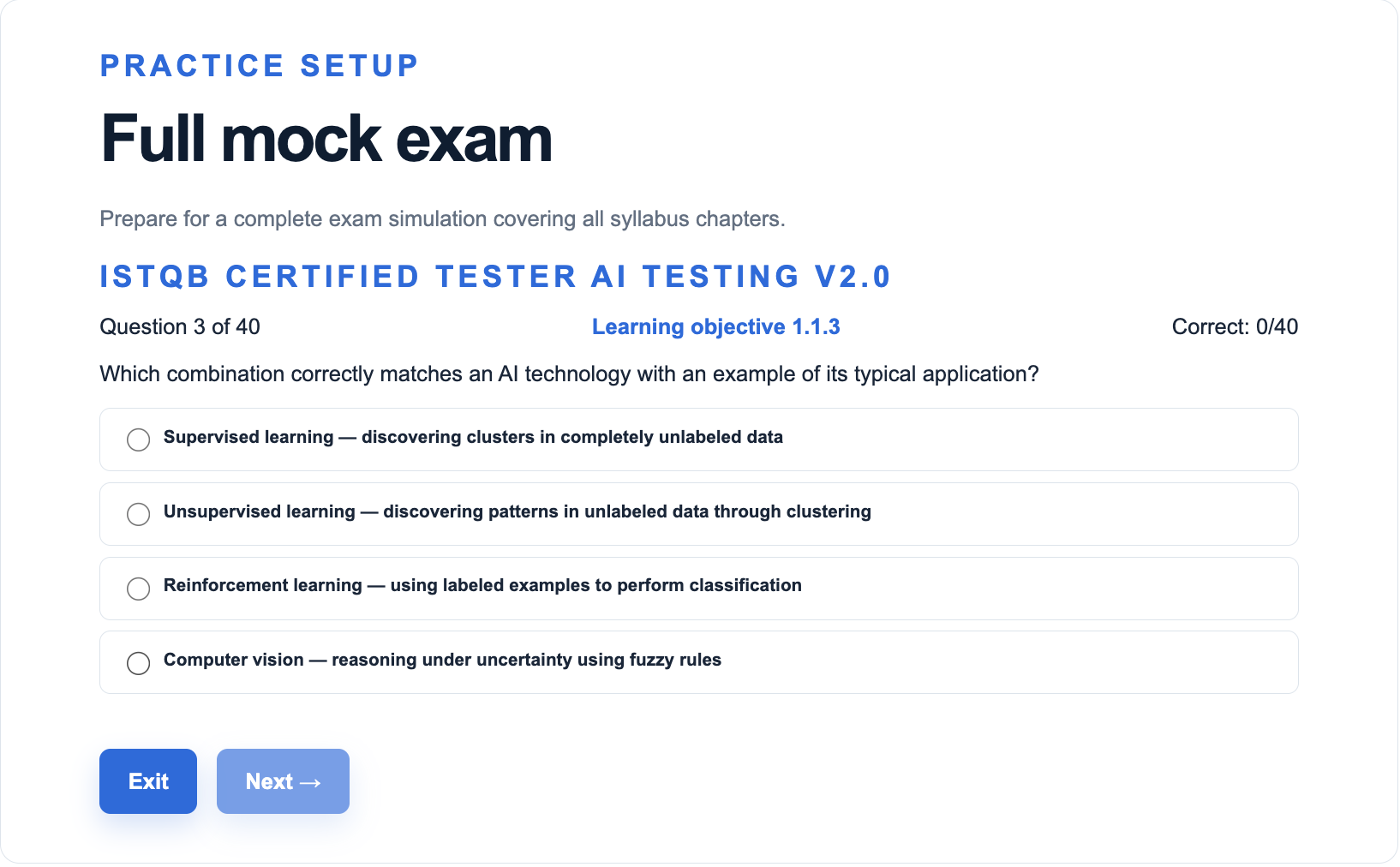 Screenshot preview of the TestingMocksHub full mock exam interface